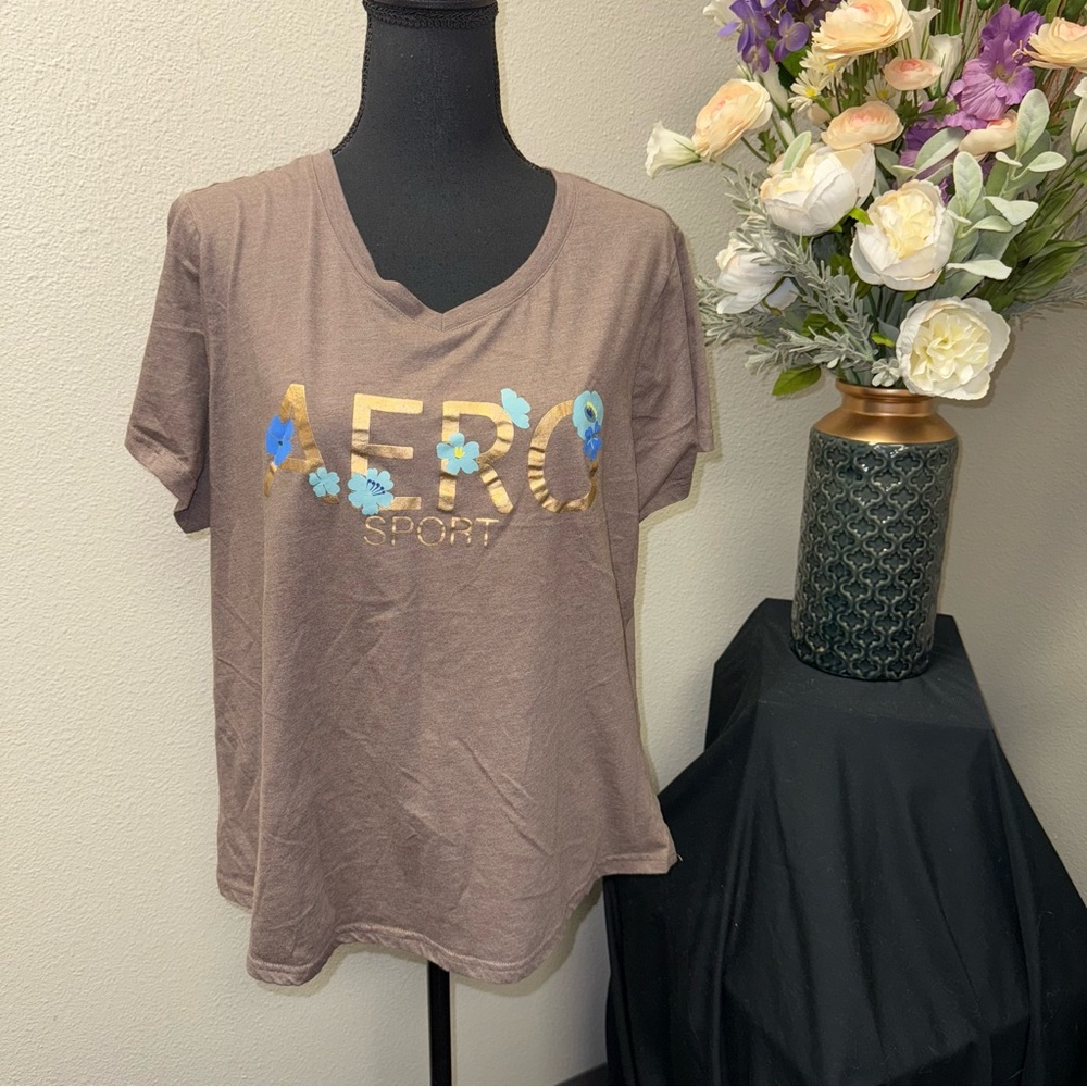 Aéropostale Sport Floral Logo V-Neck Tee Taupe Brown Size 1X